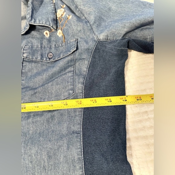 CAVALINI Women Denim Collection‎ Shirt Embroider Flowers 3/4 Sleeve Blue Denim L - Picture 7 of 8